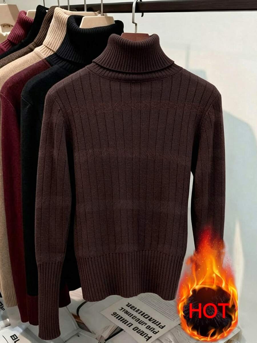 Rib Knit Turtleneck Sweater Long Sleeve Slim Fit - Chocolate - photo 4
