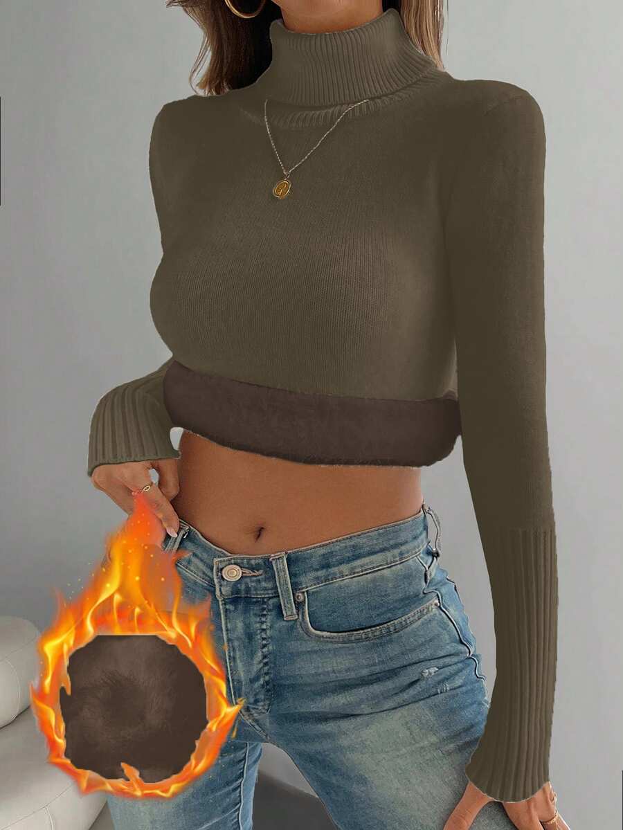 Rib Knit Turtleneck Sweater Long Sleeve Slim Fit - Olive - photo 3