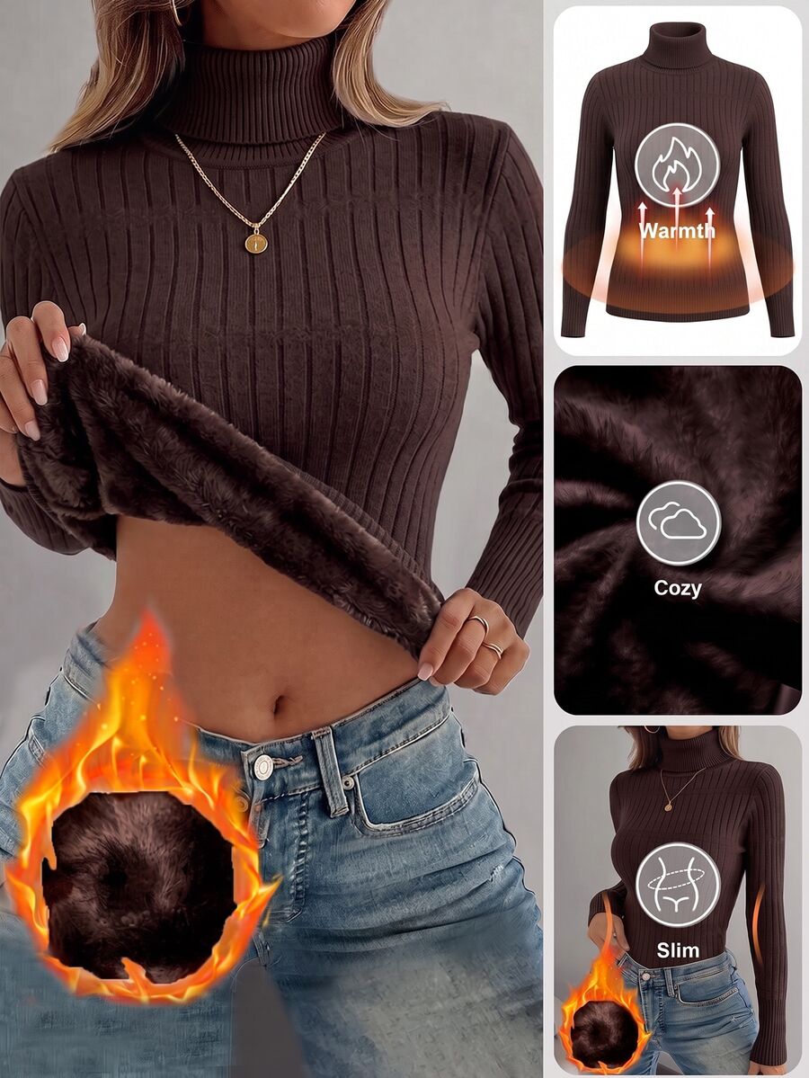Rib Knit Turtleneck Sweater Long Sleeve Slim Fit - Chocolate - photo 2