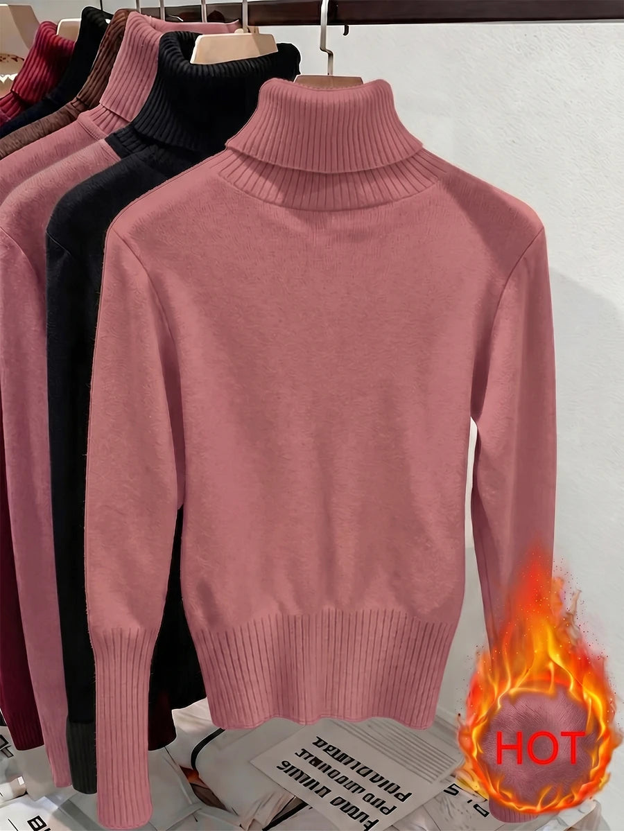 Fleece Lined Turtleneck Sweater Rib Knit Long Sleeve - Rose - photo 2