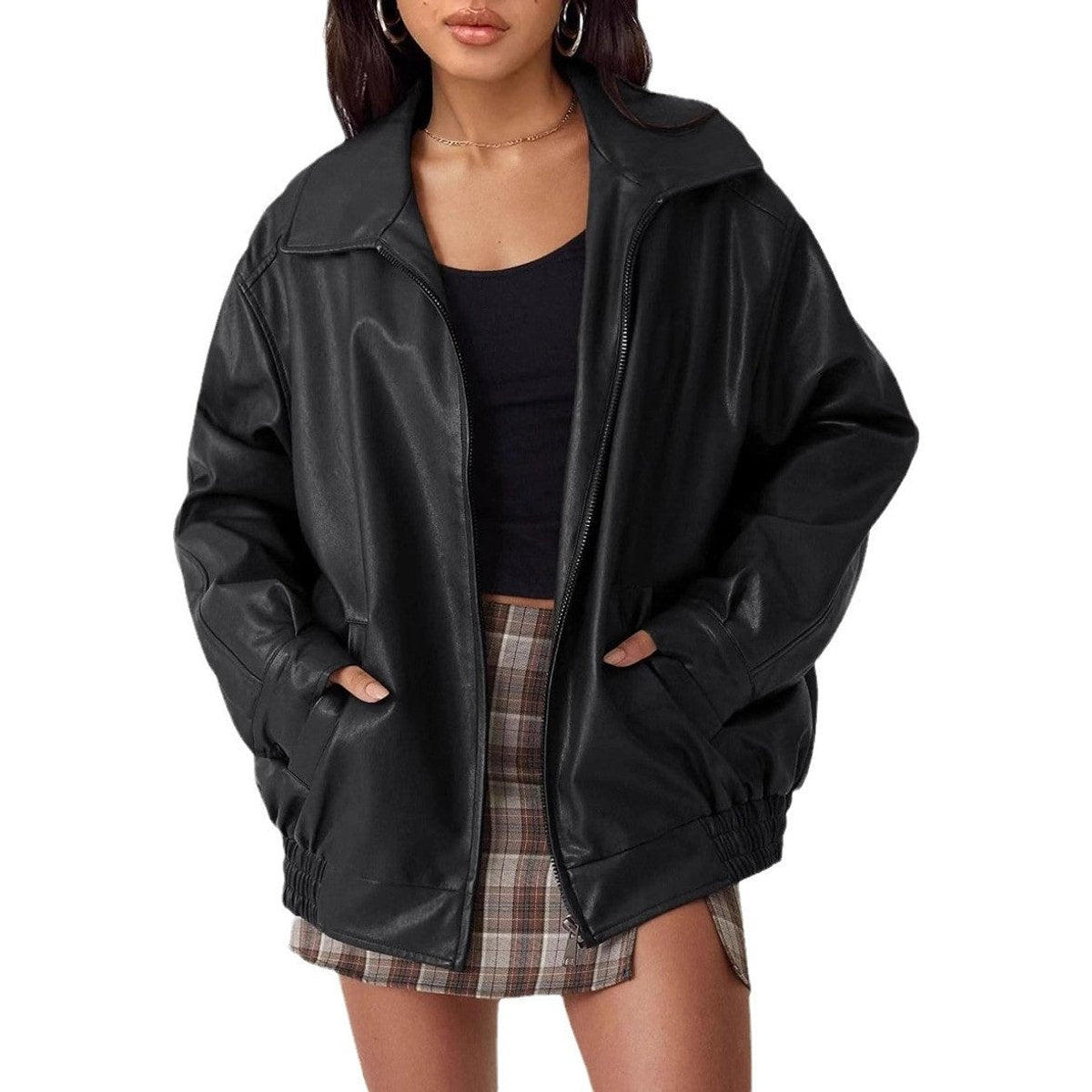 Women's Oversized Bomber Jacket – Wide Collar Zip-Up Jacket – alternate view