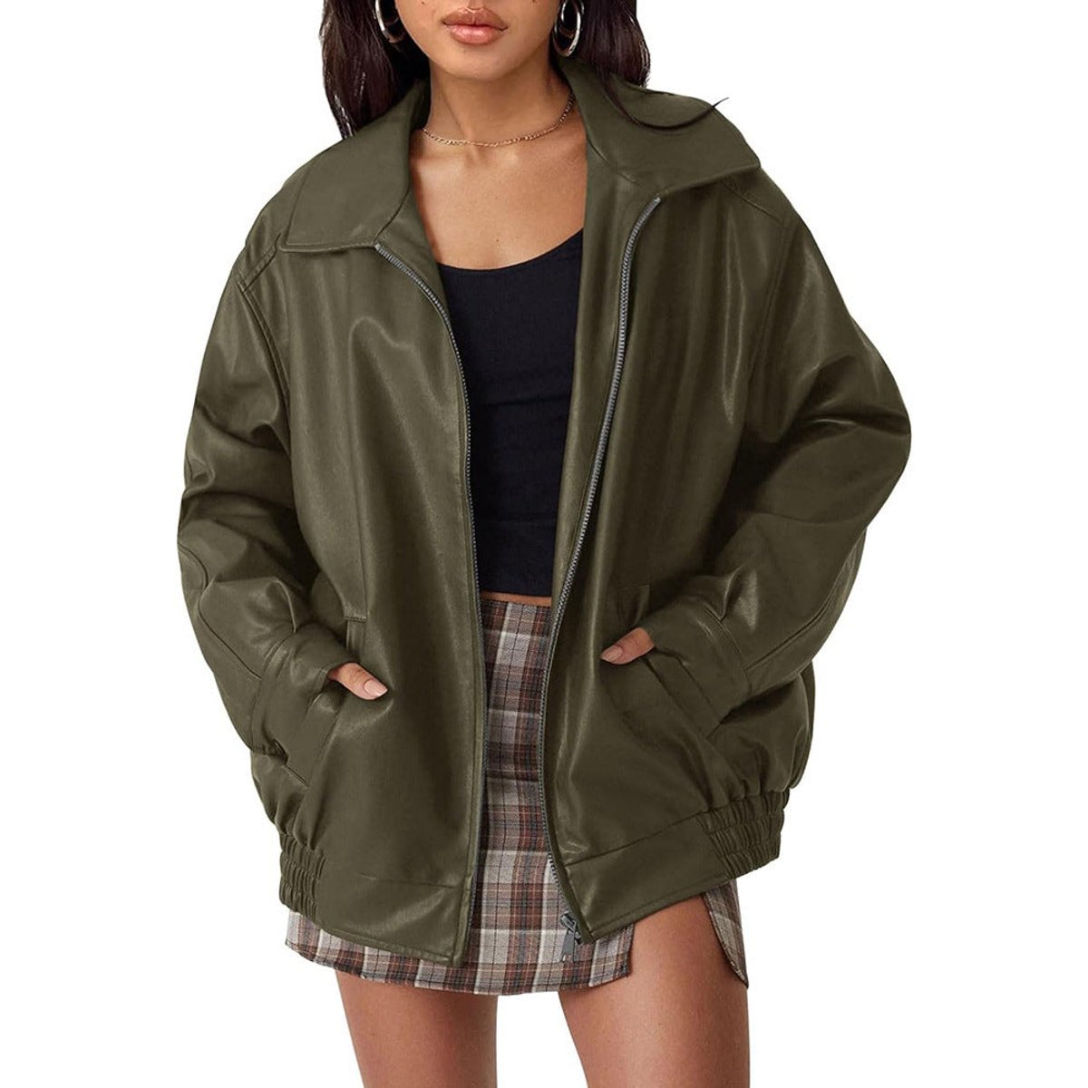 Women's Oversized Bomber Jacket – Wide Collar Zip-Up Jacket in Olive Green