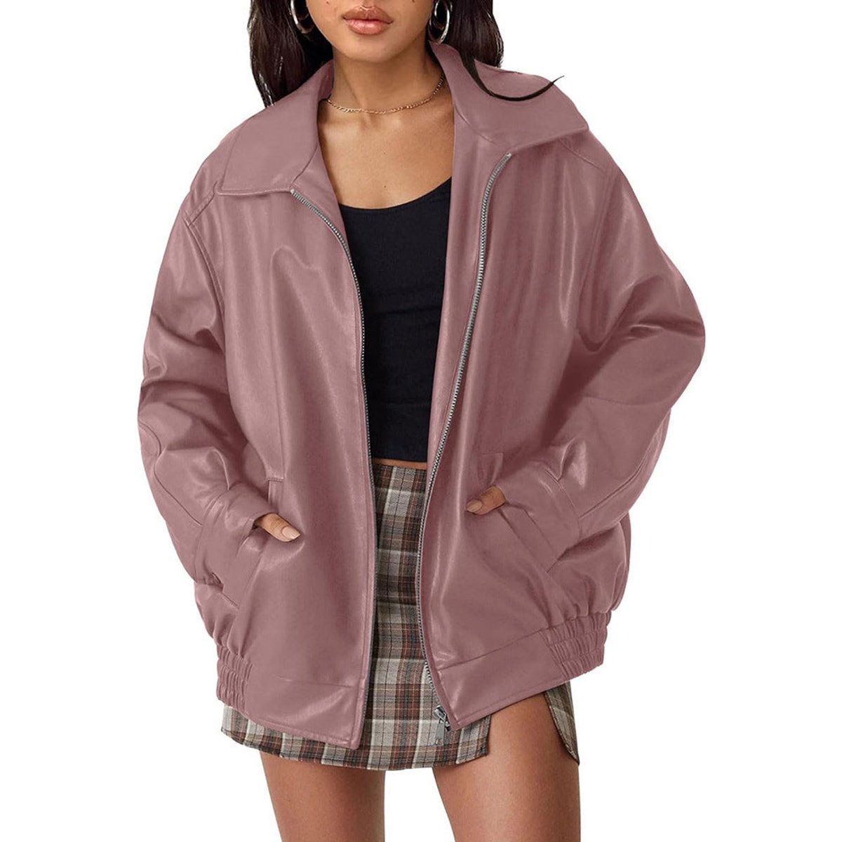 Women's Oversized Bomber Jacket – Wide Collar Zip-Up Jacket in Deep Pink