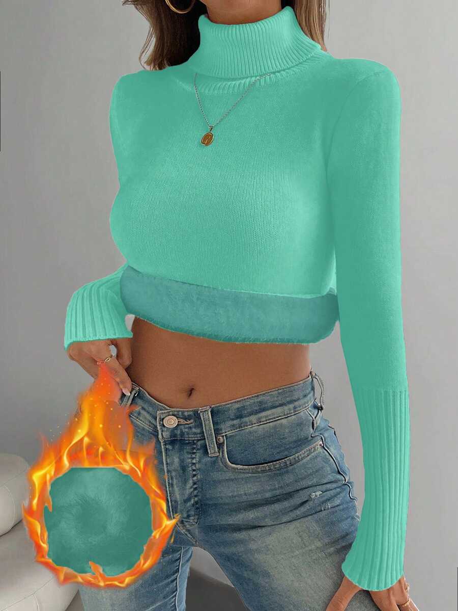 Rib Knit Turtleneck Sweater Long Sleeve Slim Fit - Mint - photo 3