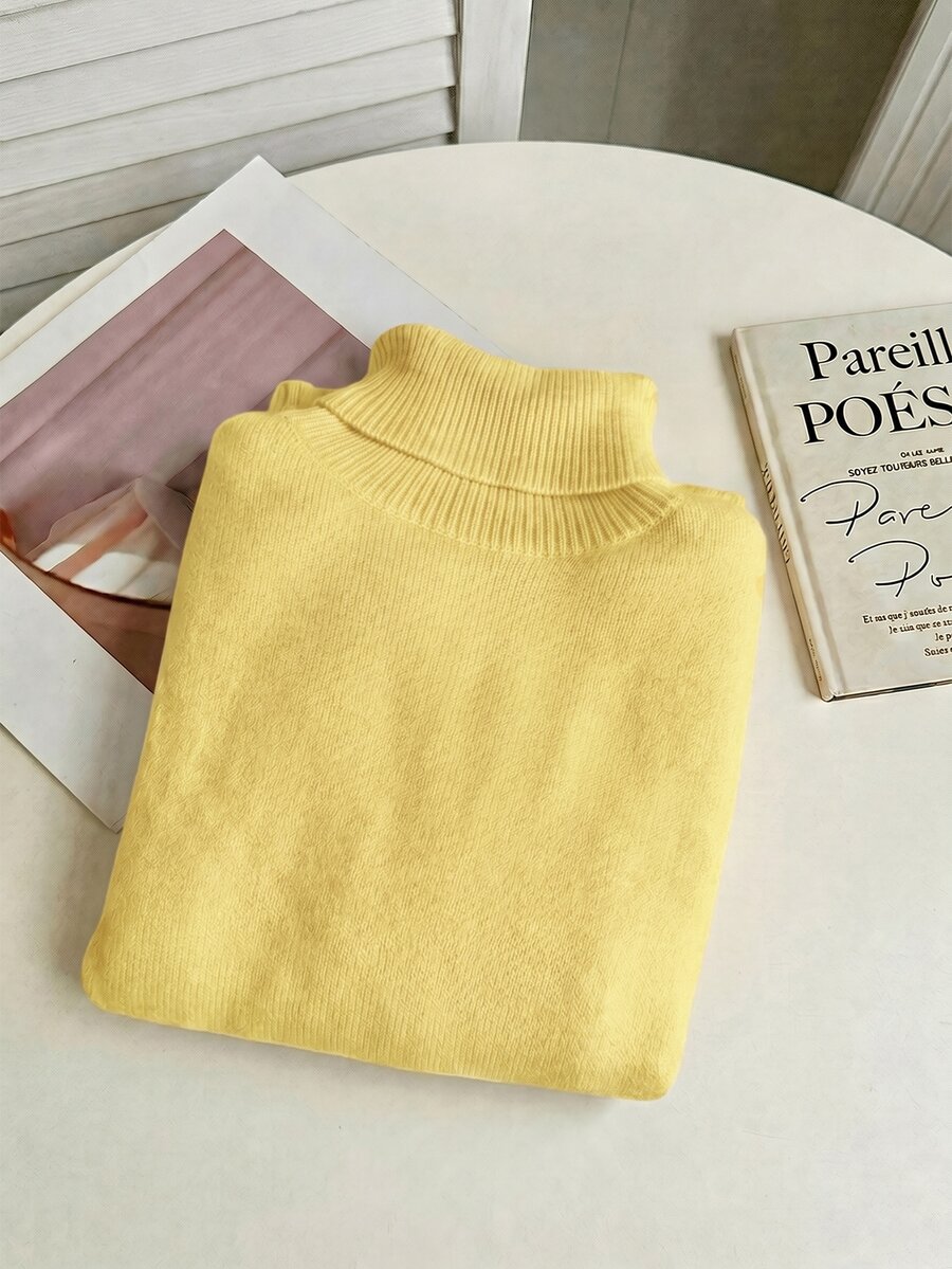 Rib Knit Turtleneck Sweater Long Sleeve Slim Fit - Butter Yellow - photo 5