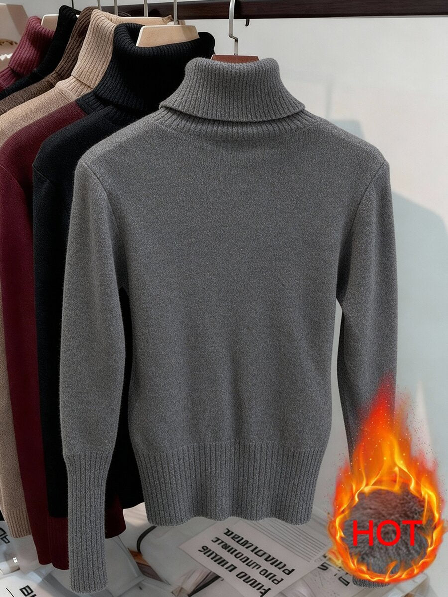 Fleece Lined Turtleneck Sweater Rib Knit Long Sleeve - Dark Gray - photo 3