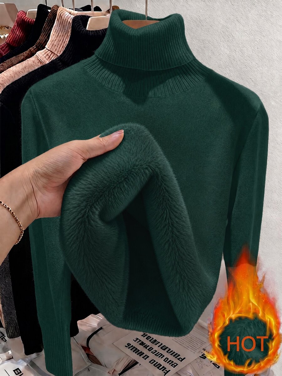 Fleece Lined Turtleneck Sweater Rib Knit Long Sleeve - Dark Green