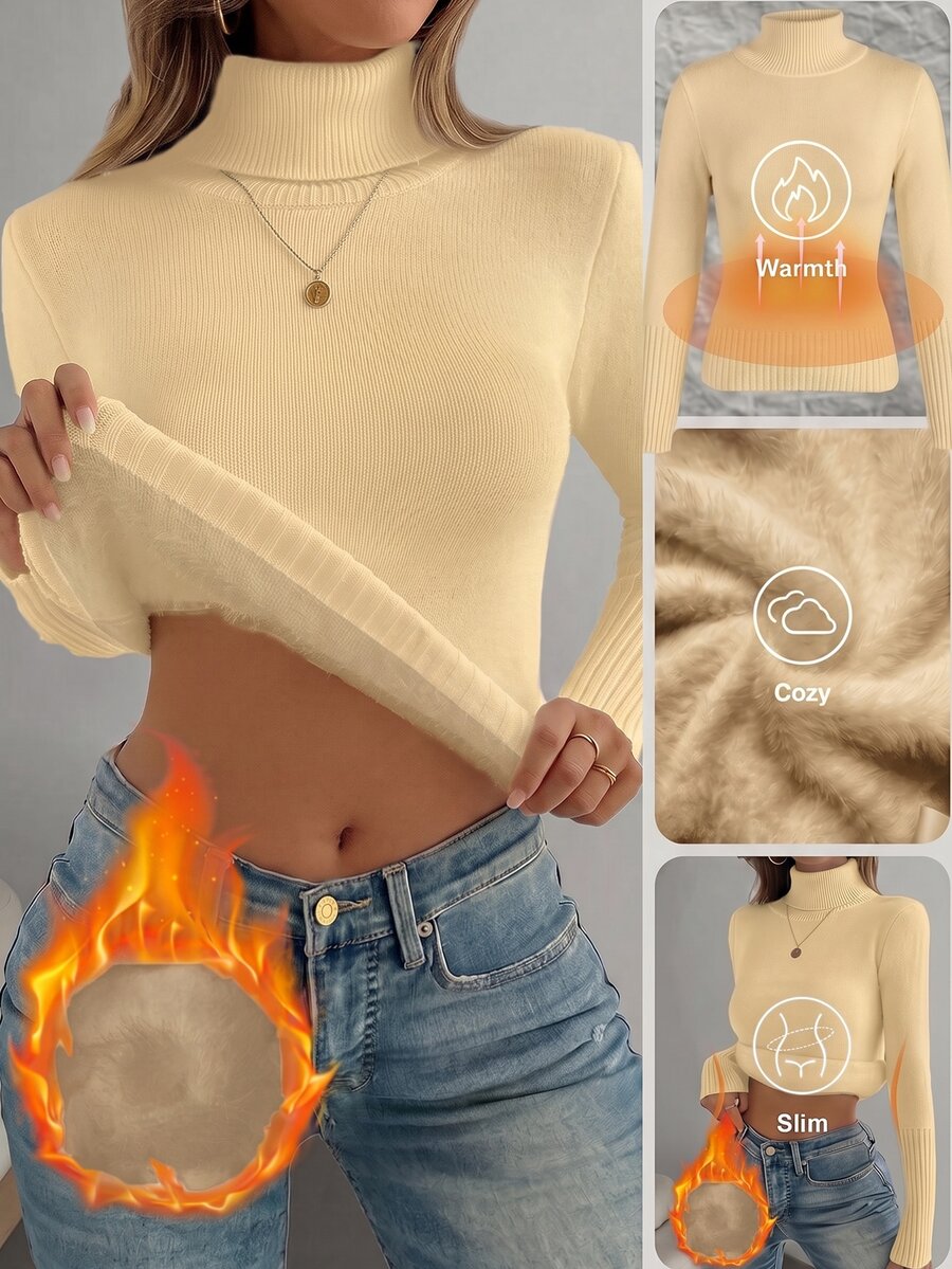 Women's Turtleneck Sweater Long Sleeve Rib Knit Slim Fit - Light Yellow - photo 8