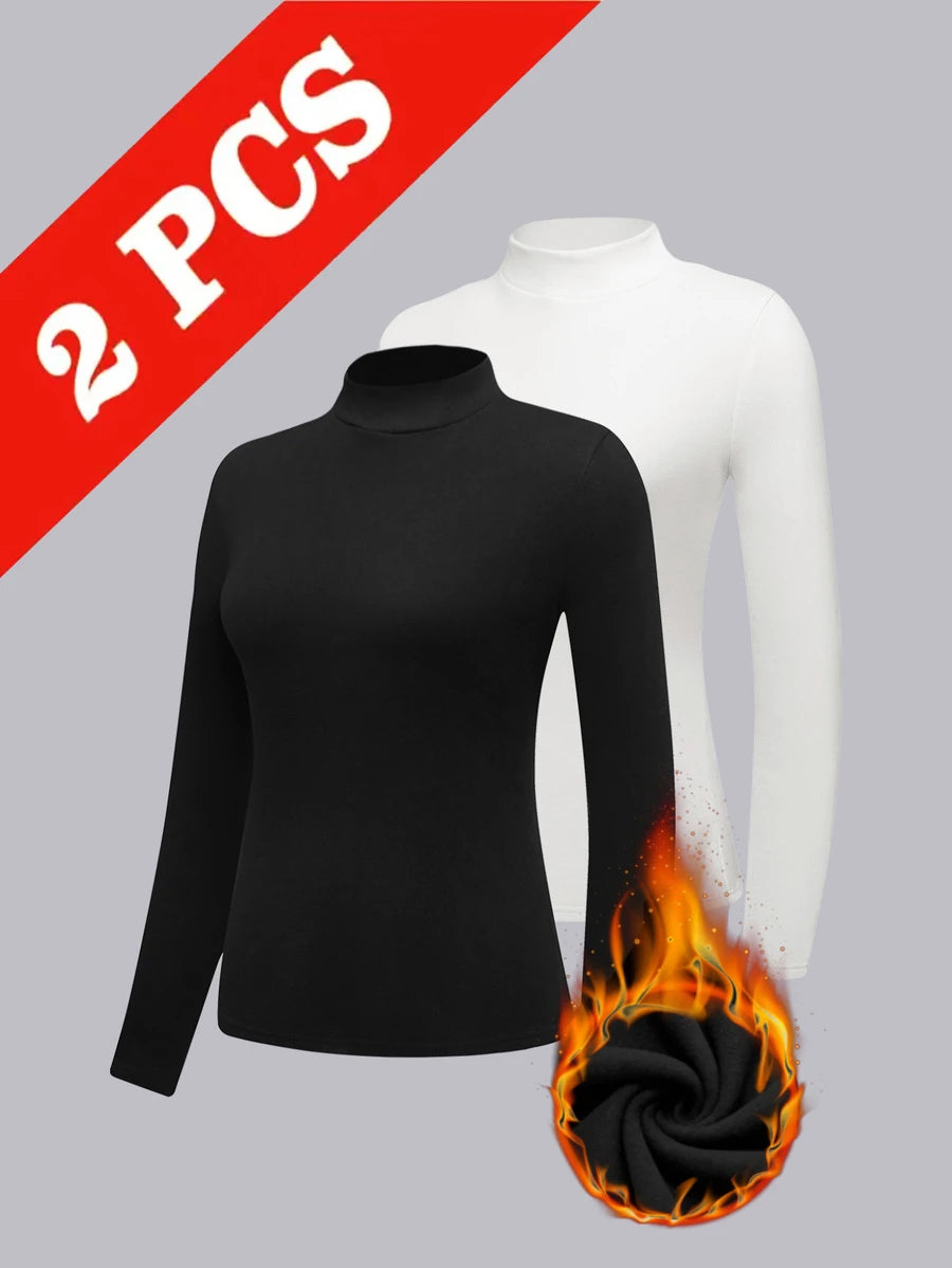 Women's Thermal Base Layer Long Sleeve High Neck Top 2 Pack - Black and White - photo 2