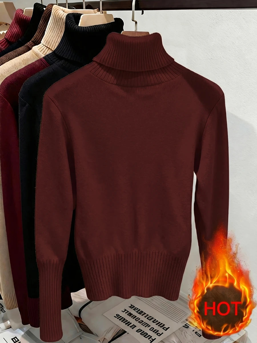 Women's Turtleneck Sweater Long Sleeve Rib Knit Slim Fit - Burgundy - photo 3