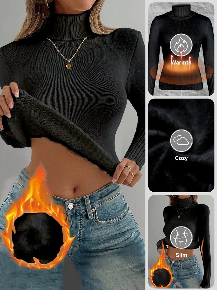 Women's Turtleneck Sweater Long Sleeve Rib Knit Slim Fit - Black - photo 7