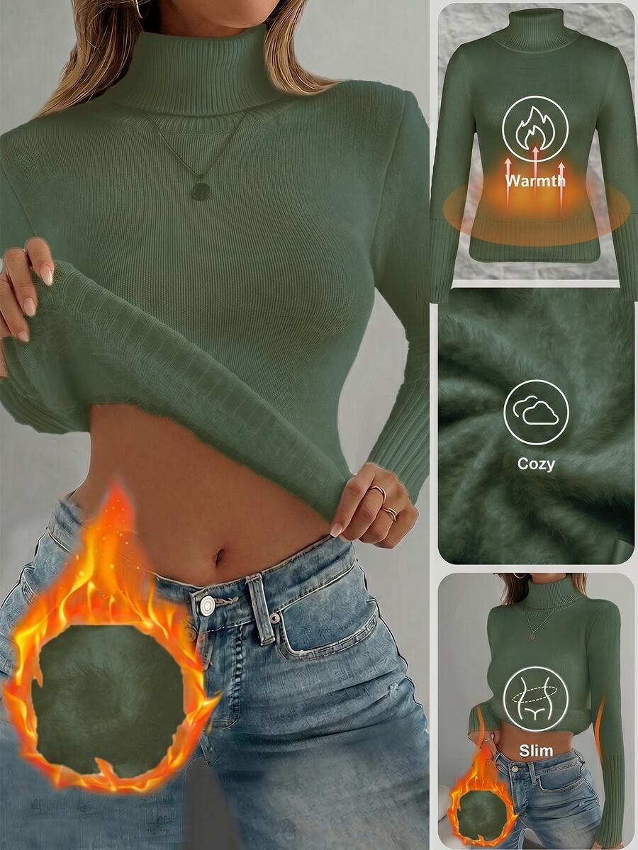 Fleece Lined Turtleneck Sweater Rib Knit Long Sleeve - Green - photo 3