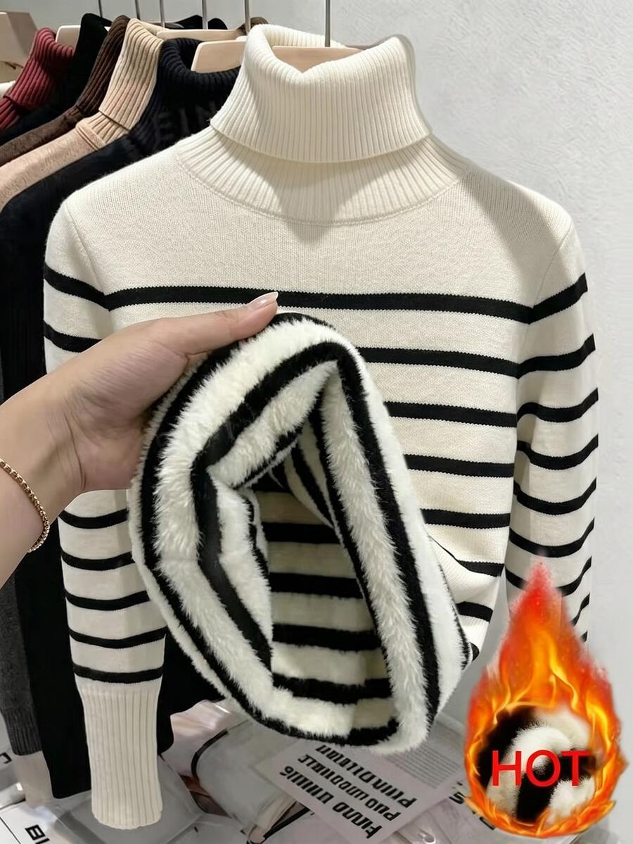 Fleece Lined Turtleneck Sweater Rib Knit Long Sleeve - White and Black