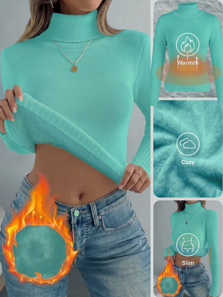 Rib Knit Turtleneck Sweater Long Sleeve Slim Fit - Mint