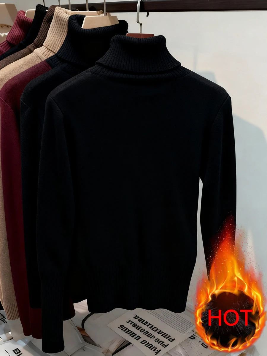 Women's Turtleneck Sweater Long Sleeve Rib Knit Slim Fit - Black - photo 3