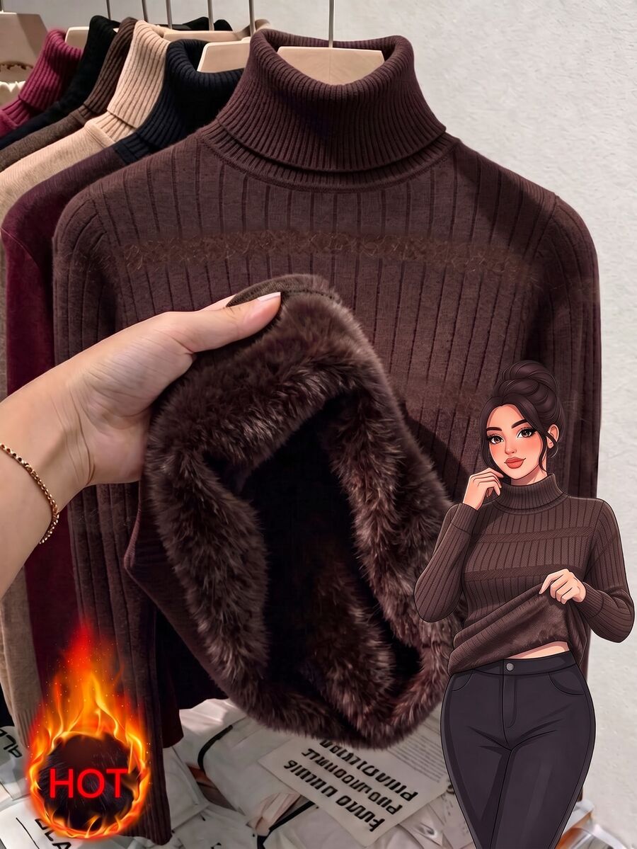 Rib Knit Turtleneck Sweater Long Sleeve Slim Fit - Chocolate - photo 3