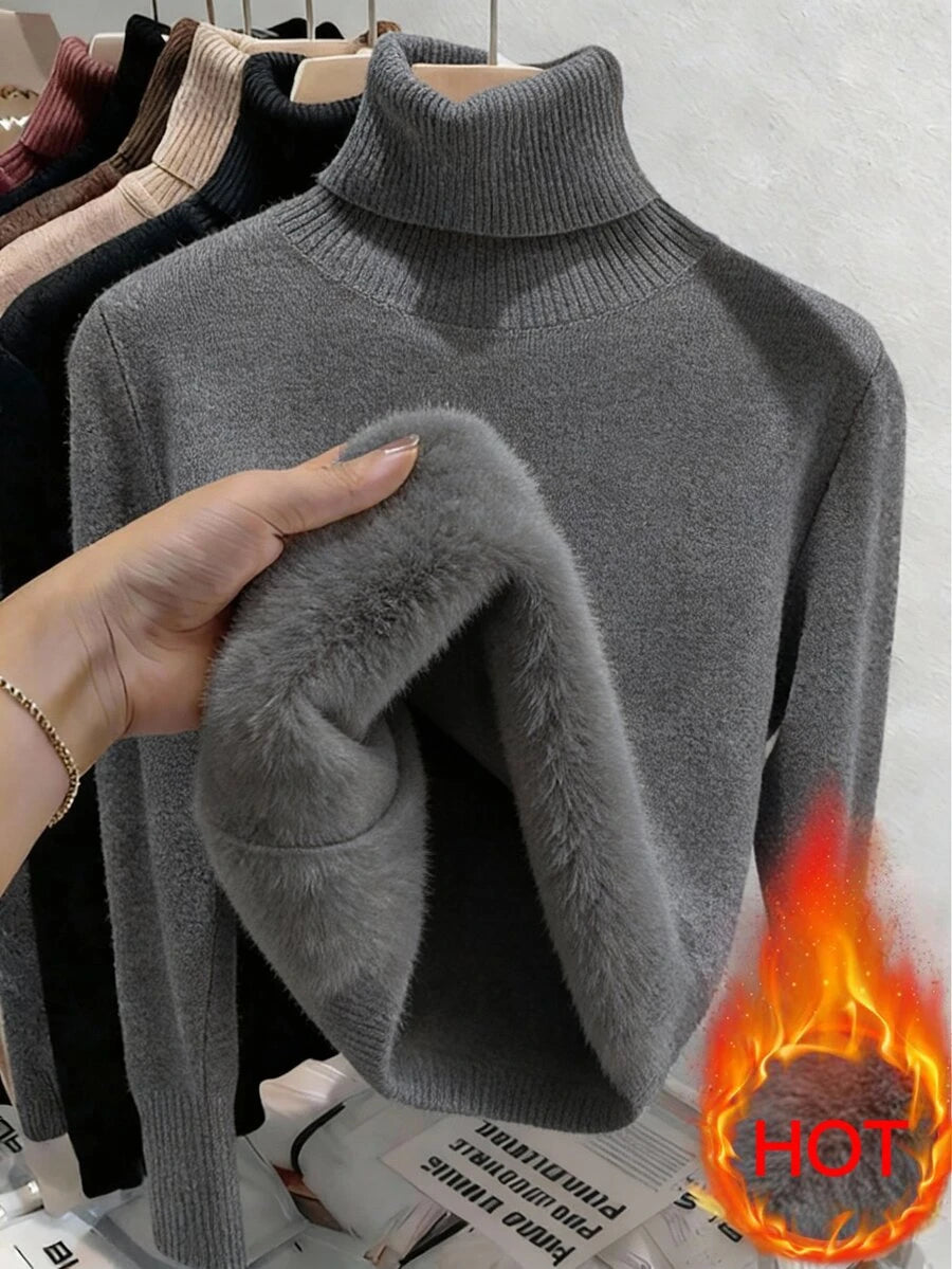 Fleece Lined Turtleneck Sweater Rib Knit Long Sleeve - Dark Gray