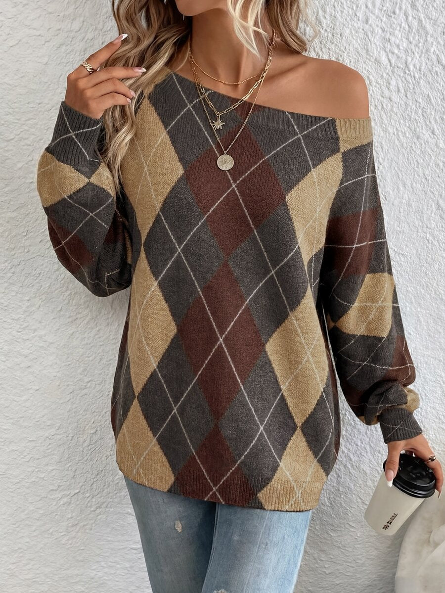Off Shoulder Sweater Long Sleeve Pullover - Brown and Tan - photo 4