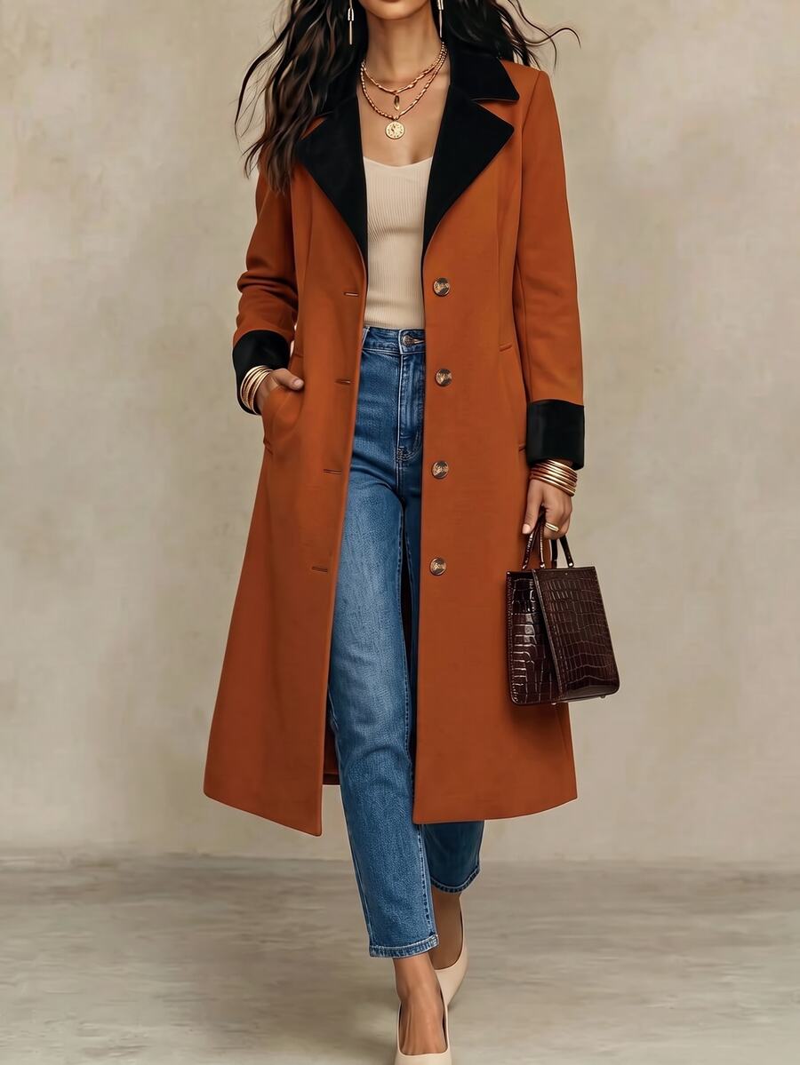 Midi Trench Coat With Contrast Collar - Rust