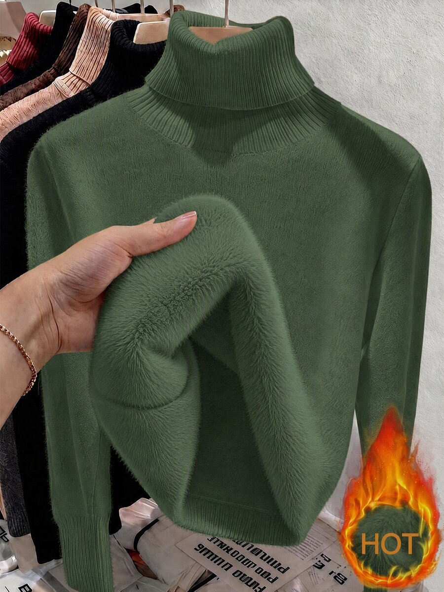 Fleece Lined Turtleneck Sweater Rib Knit Long Sleeve - Green