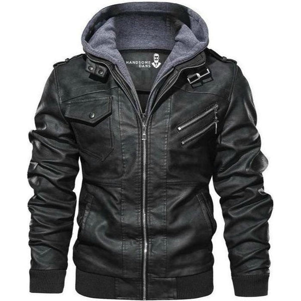 Men's Leather Jacket with Detachable Hood – Zip-Up Moto Jacket in Black
