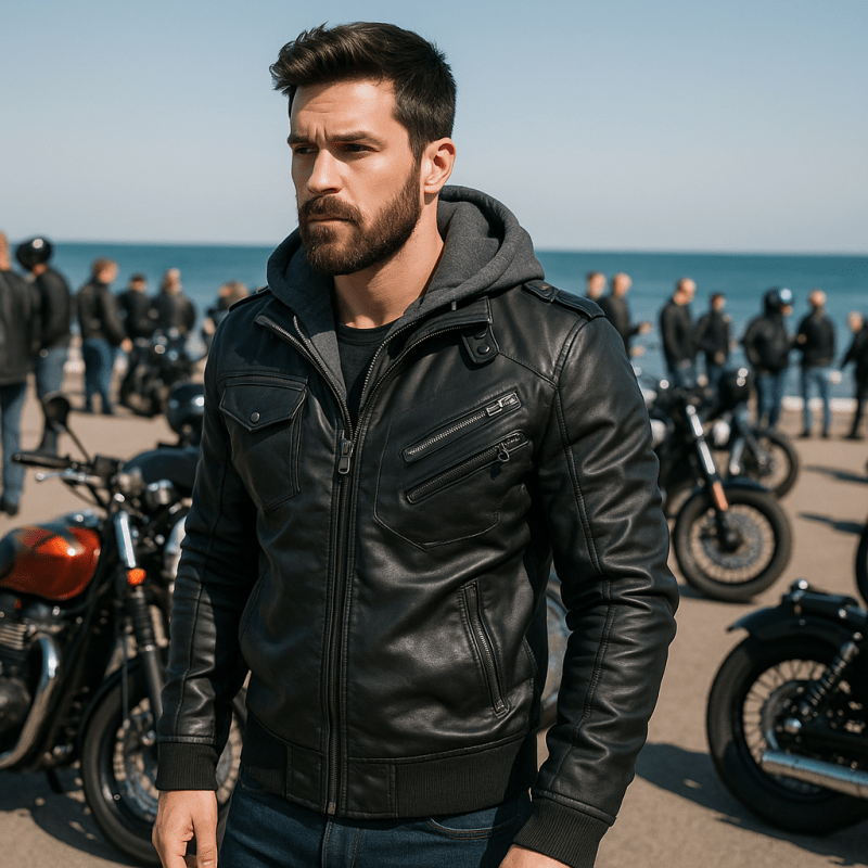 Men's Leather Jacket with Detachable Hood – Zip-Up Moto Jacket – alternate view