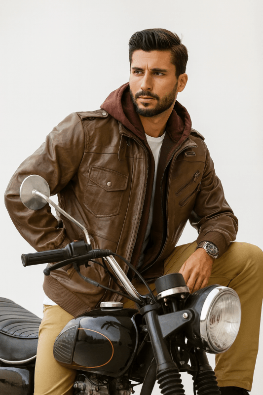 Men's Leather Jacket with Detachable Hood – Zip-Up Moto Jacket – alternate view