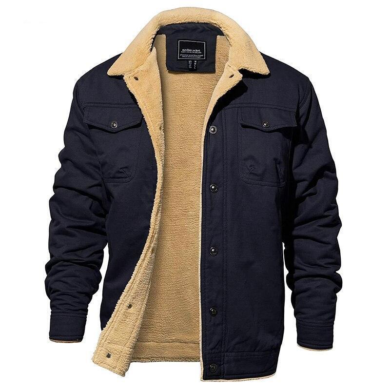 Men's Work Jacket – Button Front Lined Jacket with Sherpa Collar in Navy Blue