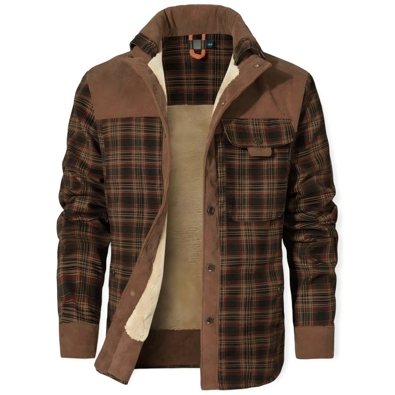 Men's Flannel Jacket – Lined Plaid Snap Front Shacket in Brown
