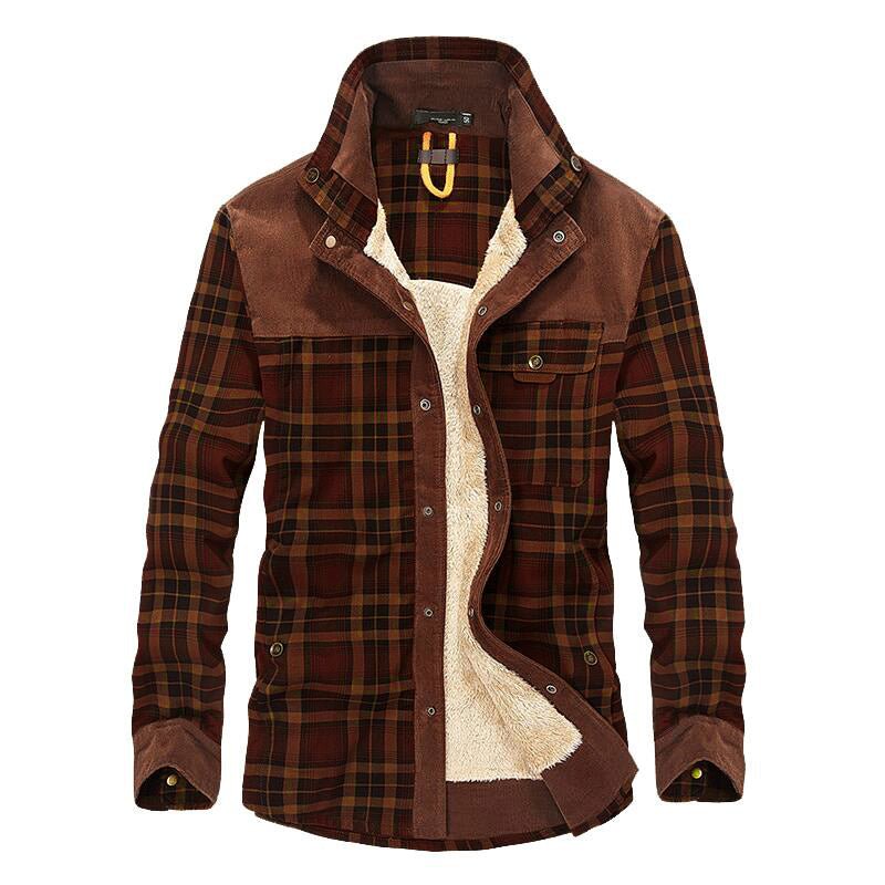 Men's Flannel Jacket – Lined Plaid Snap Front Shacket in Dark Brown