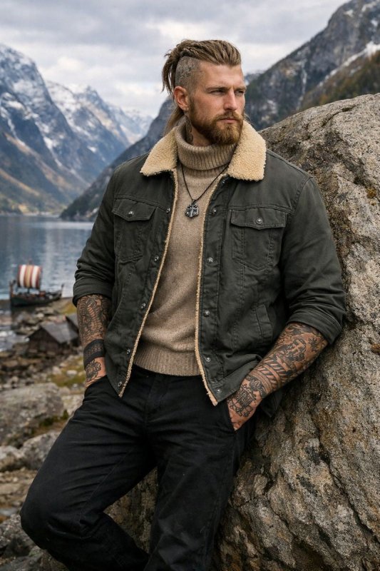 Men's Work Jacket – Button Front Lined Jacket with Sherpa Collar – alternate view
