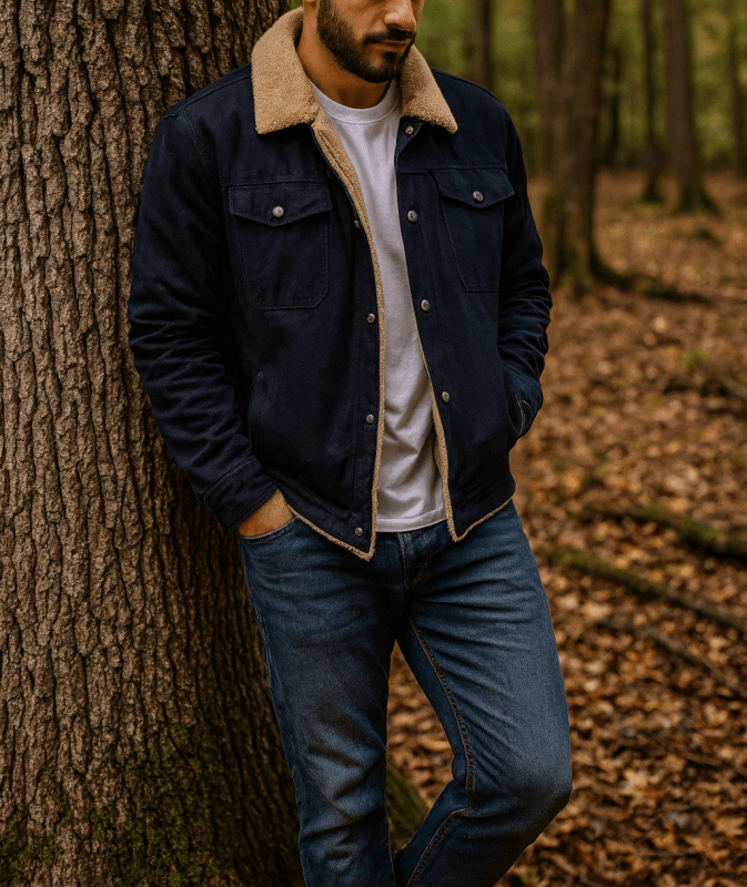 Men's Work Jacket – Button Front Lined Jacket with Sherpa Collar – alternate view