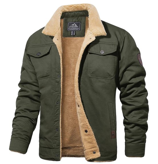 Men's Work Jacket – Button Front Lined Jacket with Sherpa Collar in Green