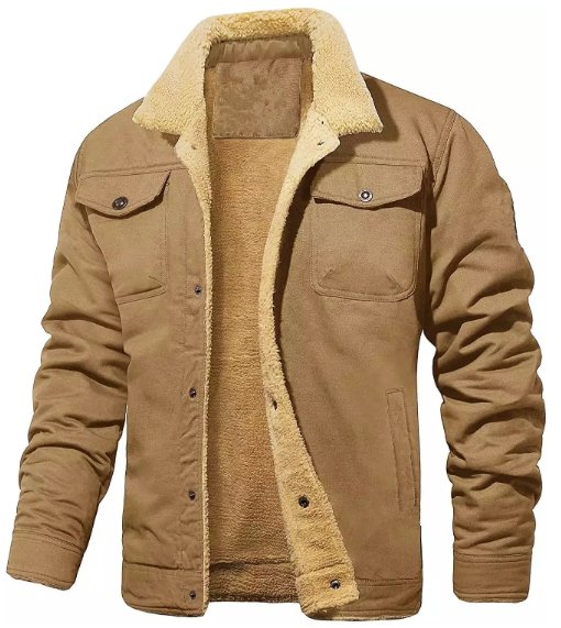 Men's Work Jacket – Button Front Lined Jacket with Sherpa Collar in Khaki