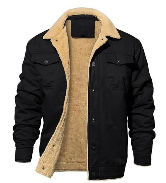 Men's Work Jacket – Button Front Lined Jacket with Sherpa Collar in Black