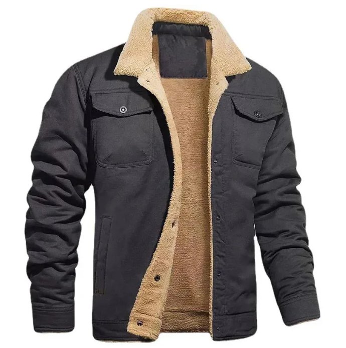 Men's Work Jacket – Button Front Lined Jacket with Sherpa Collar in Gray