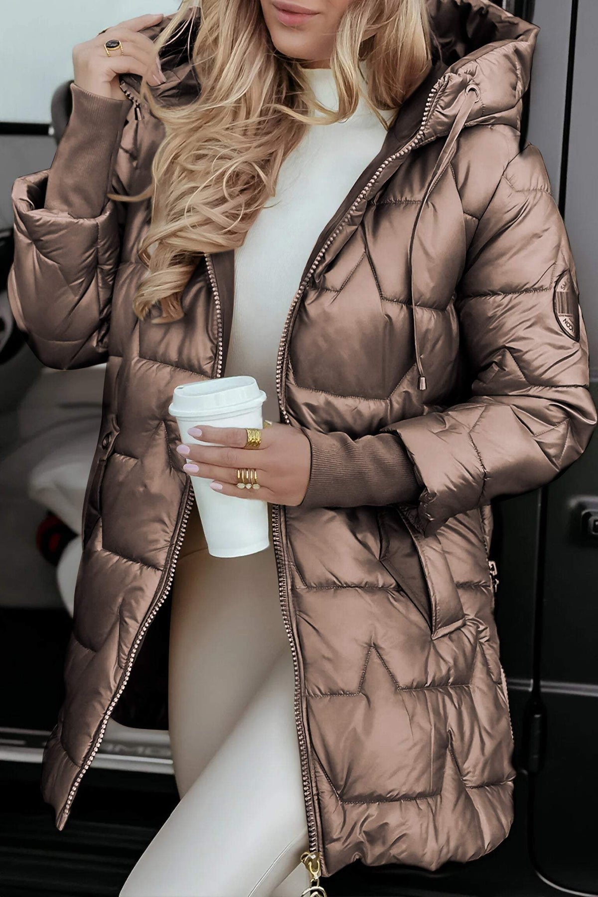 Women's Puffer Coat – Mid-Length Hooded Quilted Jacket in Brown