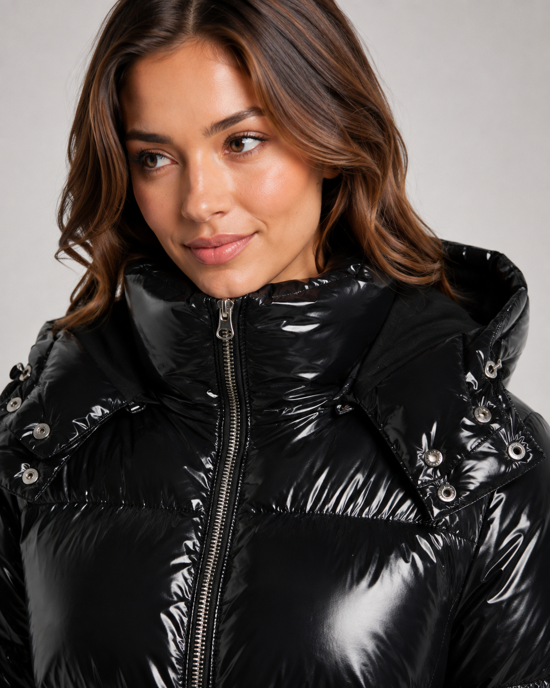 Women's Puffer Jacket – Cropped Glossy Hooded Quilted Jacket – alternate view