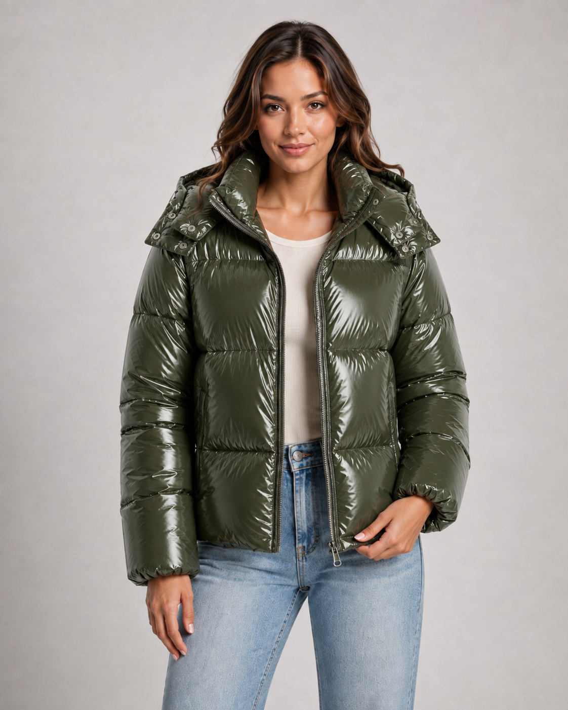 Women's Puffer Jacket – Cropped Glossy Hooded Quilted Jacket – alternate view