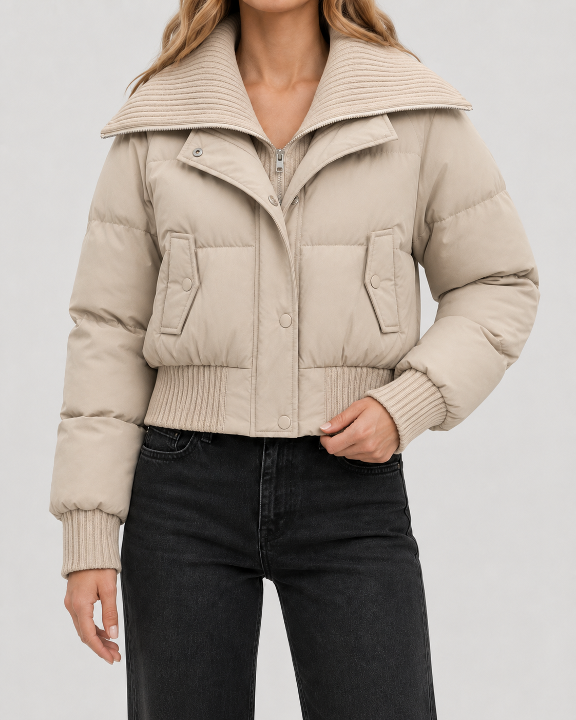 Women's Puffer Jacket – Cropped Down Blend Knit Collar Quilted Coat in Khaki