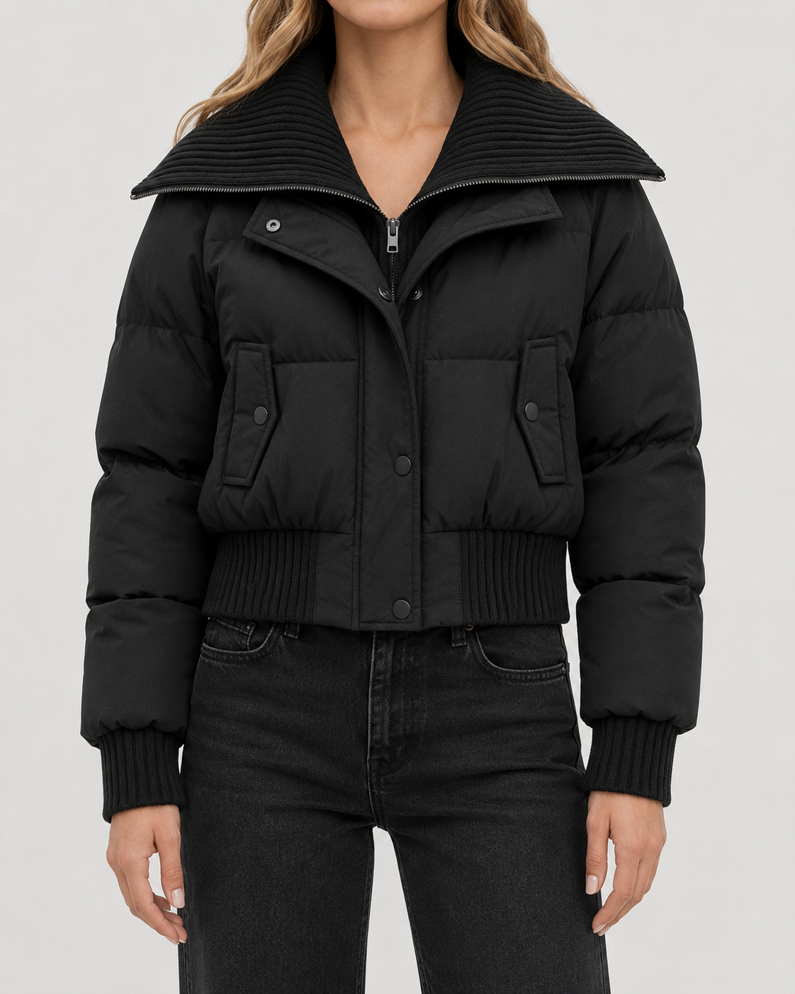 Women's Puffer Jacket – Cropped Down Blend Knit Collar Quilted Coat in Black