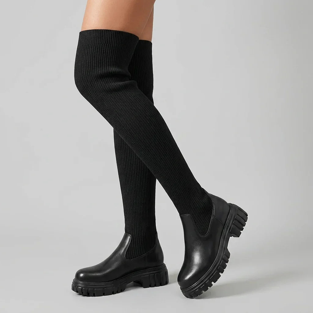 Women's Knee High Boots – Ribbed Knit Sock Boots with Lug Sole & Side Zip – alternate view