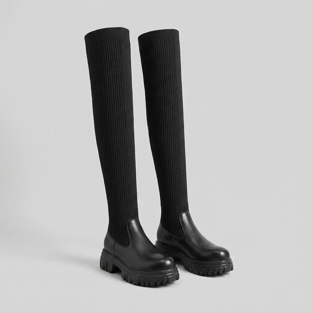 Women's Knee High Boots – Ribbed Knit Sock Boots with Lug Sole & Side Zip in Black