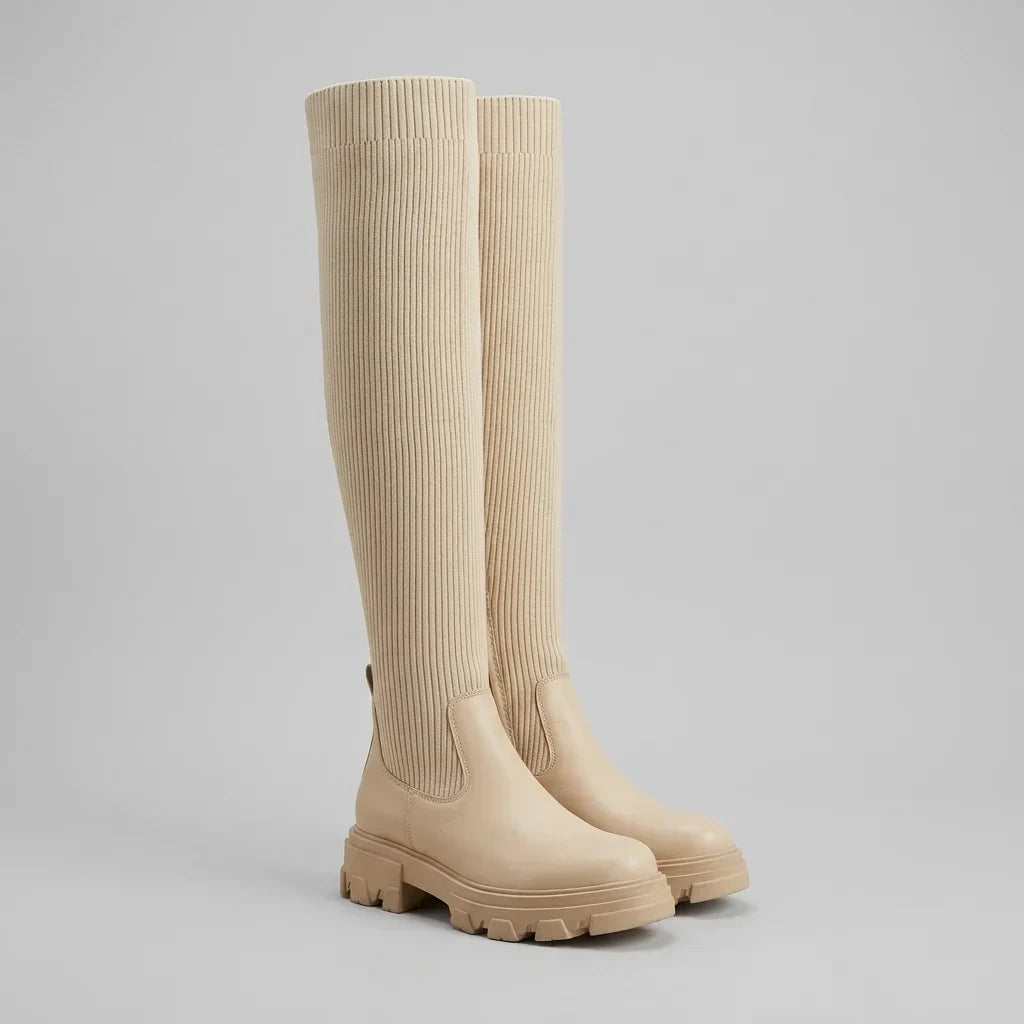 Women's Knee High Boots – Ribbed Knit Sock Boots with Lug Sole & Side Zip in Beige
