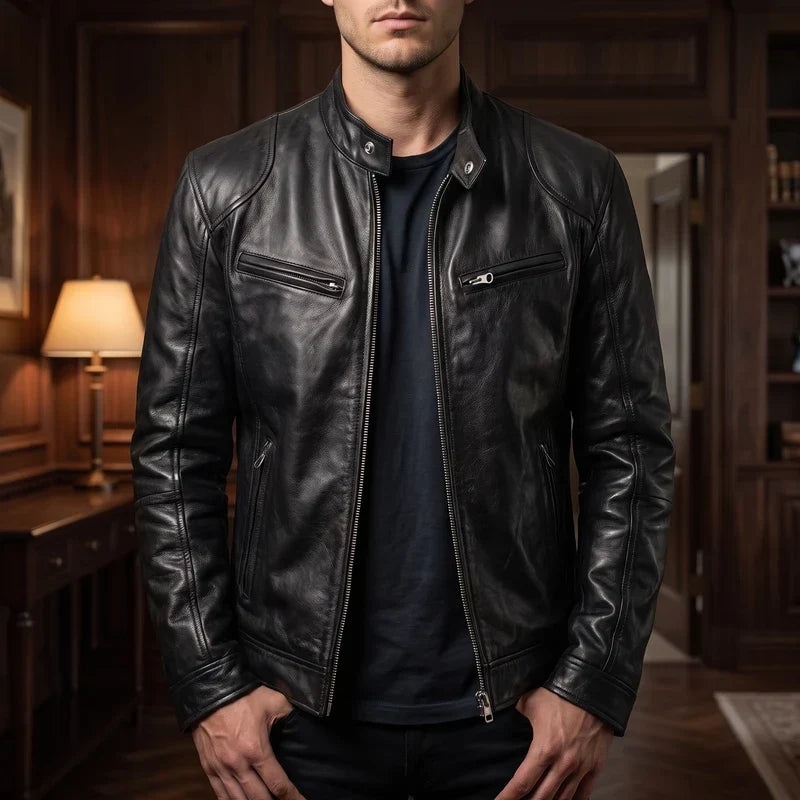 Men's Leather Jacket – Relaxed Fit Cafe Racer Moto Jacket in Black