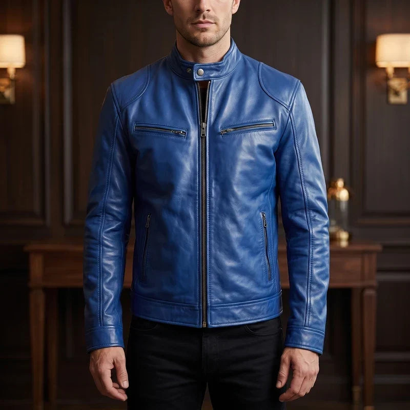 Men's Leather Jacket – Relaxed Fit Cafe Racer Moto Jacket in Blue