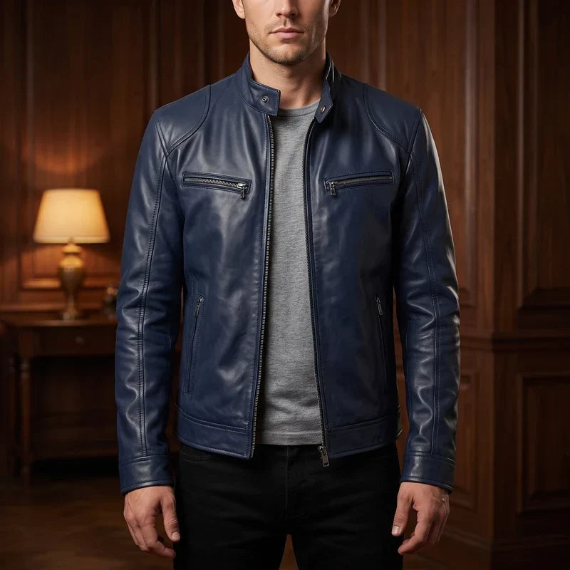 Men's Leather Jacket – Relaxed Fit Cafe Racer Moto Jacket in Navy