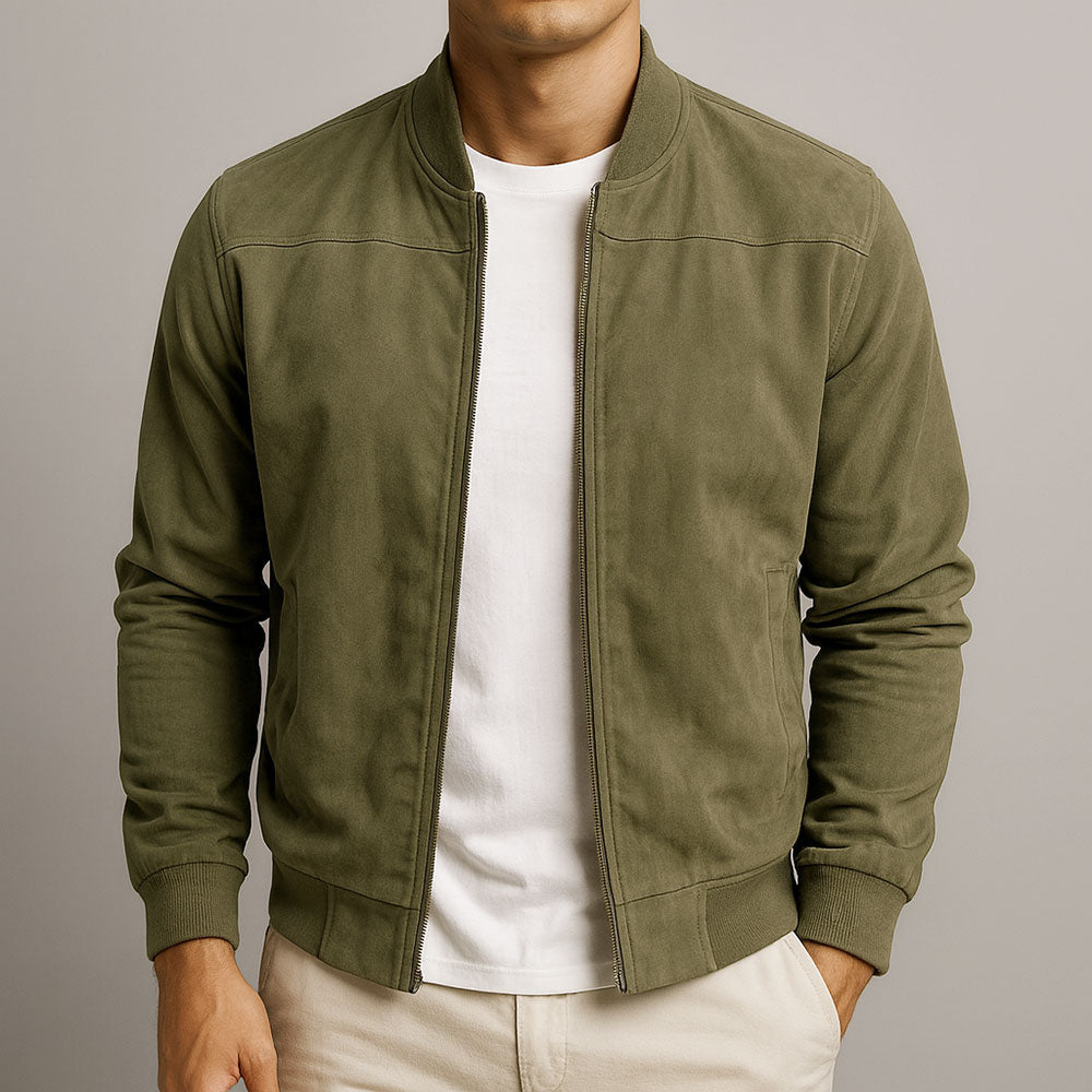 Men's Faux Suede Bomber Jacket – Lightweight Zip-Up Jacket in Army Green