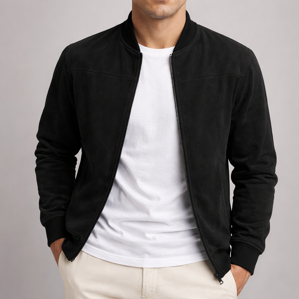 Men's Faux Suede Bomber Jacket – Lightweight Zip-Up Jacket in Black