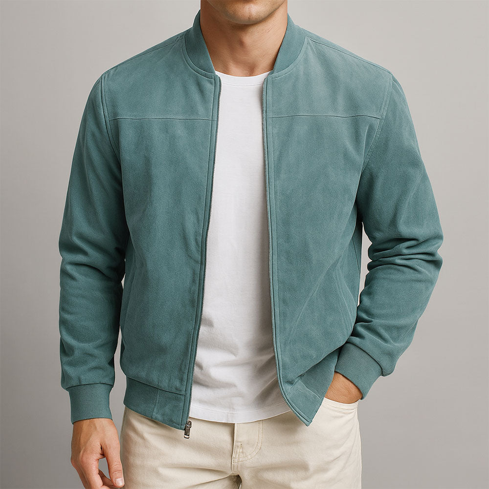 Men's Faux Suede Bomber Jacket – Lightweight Zip-Up Jacket in Blue